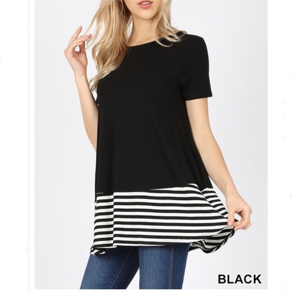 New Black Premium Short Sleeve Striped Top Pockets - Picture 2 of 8